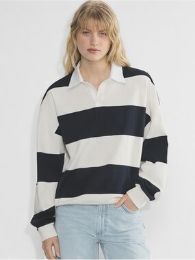 TNA Size S Aritzia Lomu Rugby Striped Polo Long Sleeve Top Navy & White